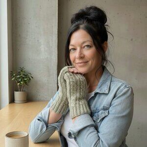 Pale Green Twist Hndknit Fingerless Gloves Mittens